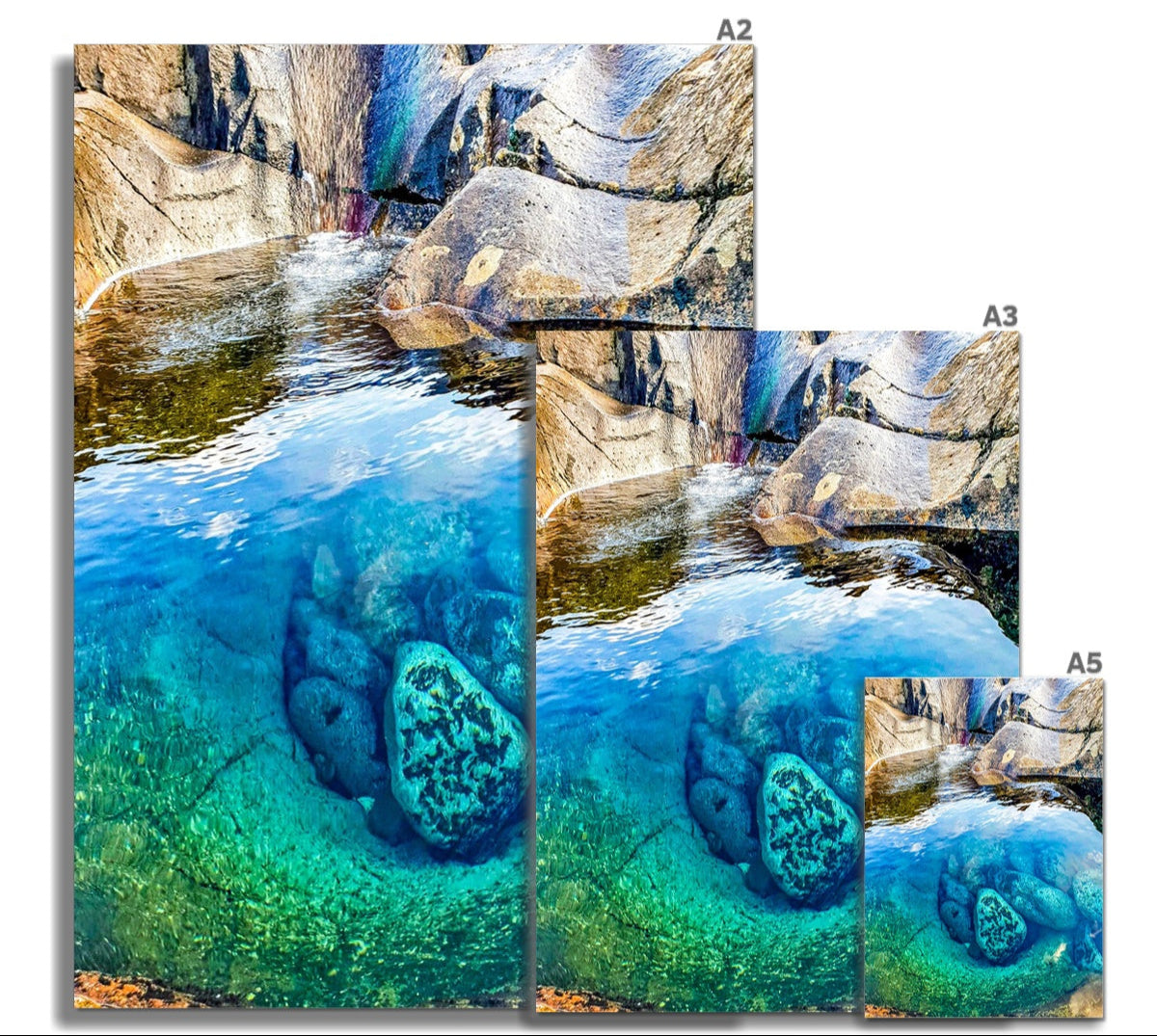 Fairy Pools Isle of Skye fine art print showing vibrant turquoise and emerald water flowing over sunlit rocks