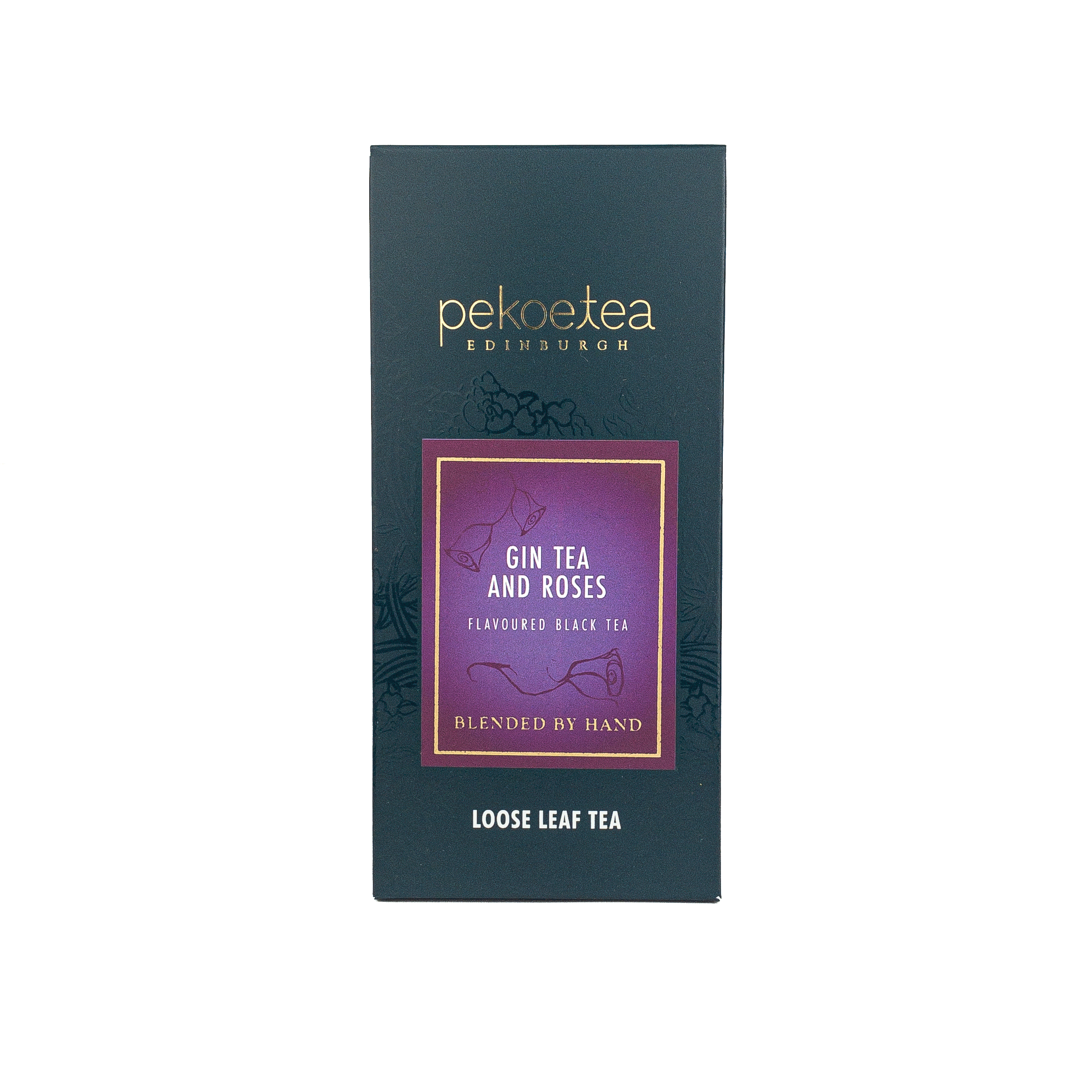 Sleek dark teal box of Pekoe Tea Edinburghs Gin Tea and Roses black tea