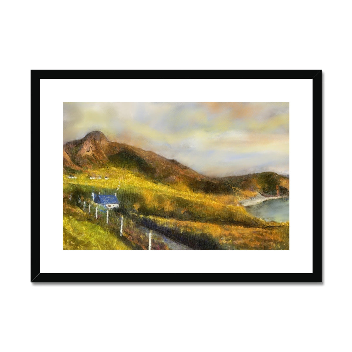 Achiltibuie black framed landscape print with mountain and house