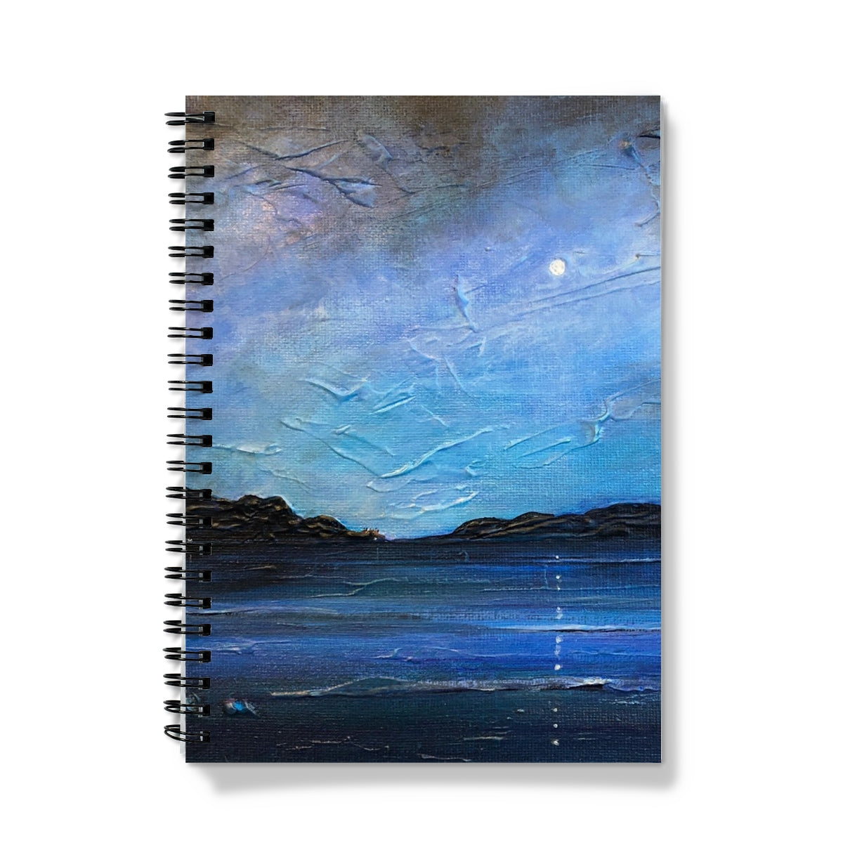 Loch Ness Moonlight Notebook with blue textured spiral-bound cover of moonlit coastal scene