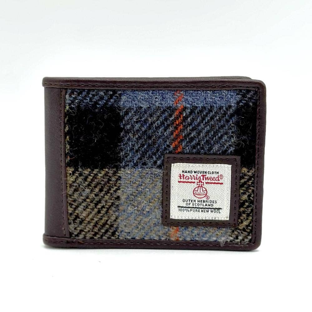 Harris Tweed zweifach gefaltetes Münzportemonnaie, blau-braun kariert