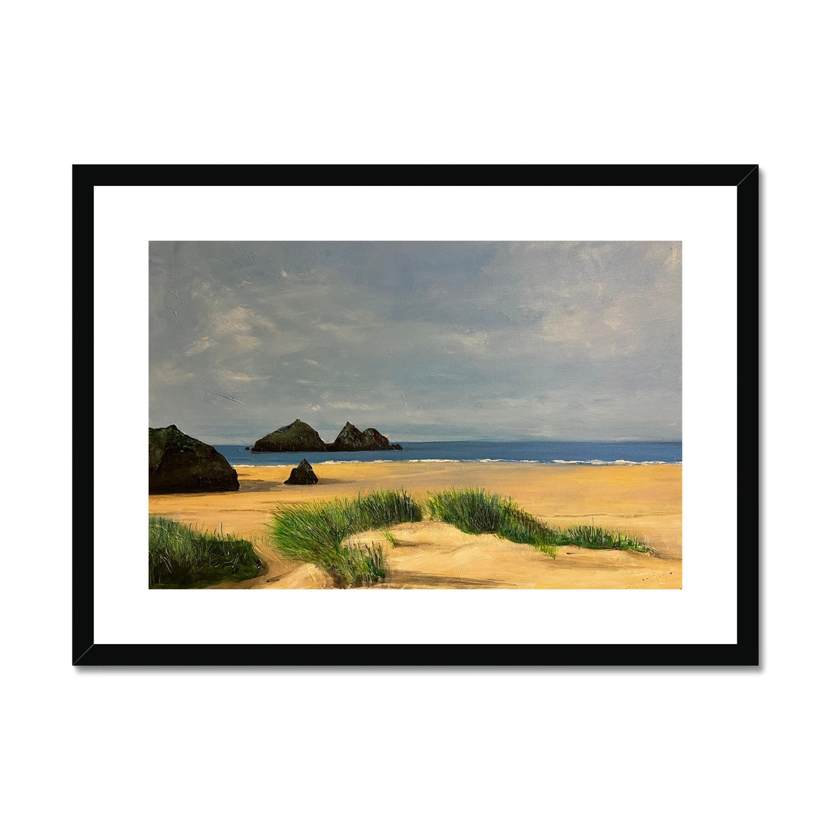 Framed Holywell Beach Cornwall print with sandy shore and rocks