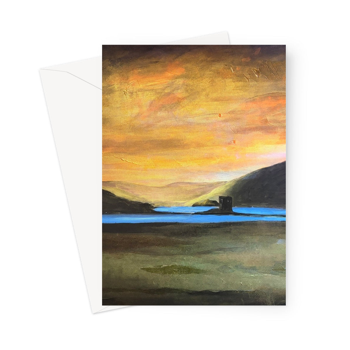 Castle Stalker Glow greeting card with glowing orange sunset over water and tower