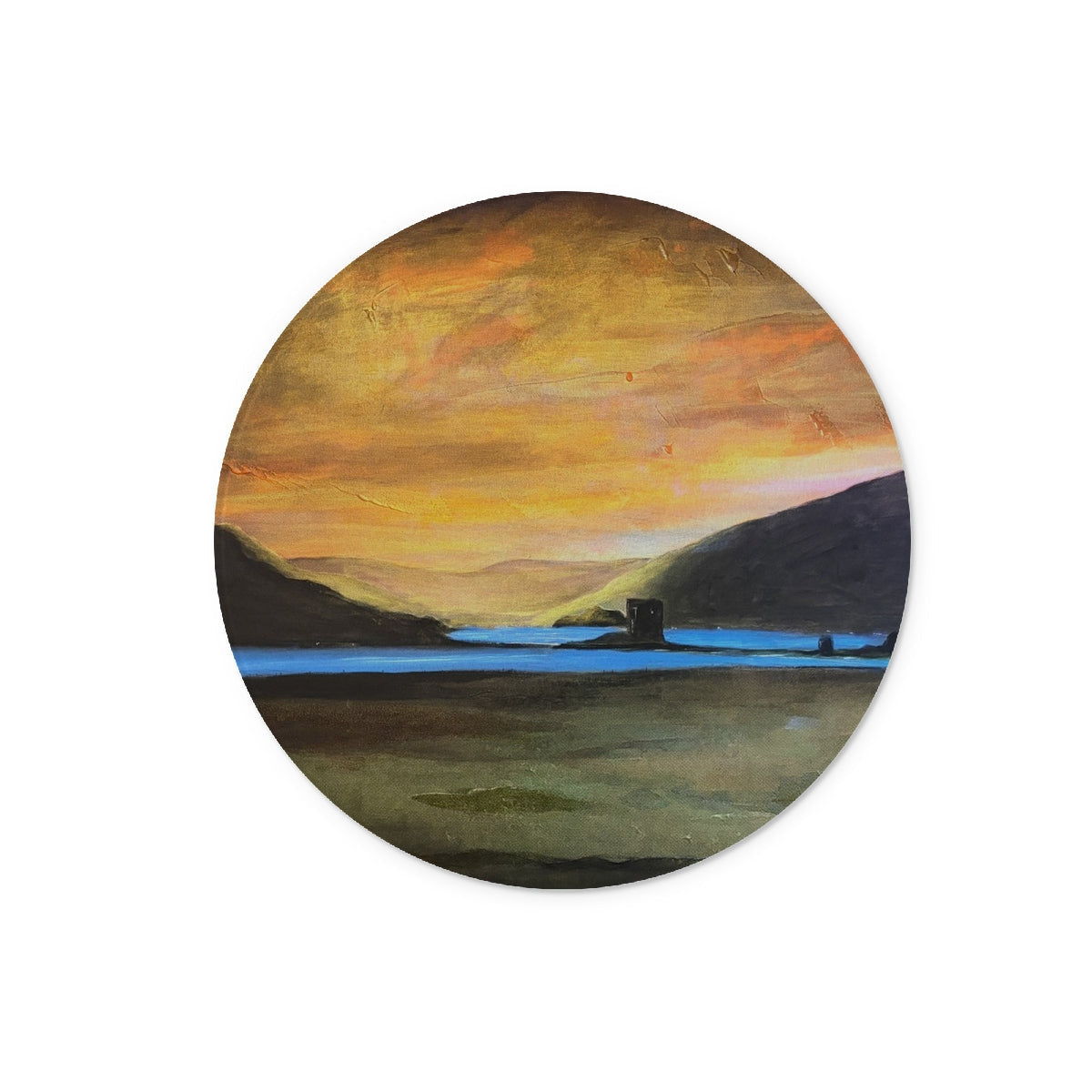 Castle Stalker Glow circular wooden plaque with painted mountain landscape
