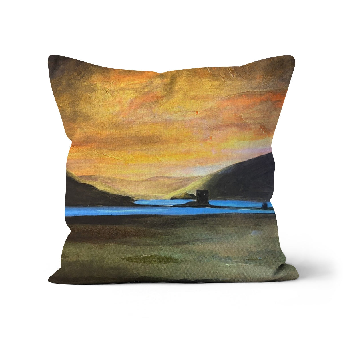 Castle Stalker Glow square cushion with orange yellow sunset over blue water hills