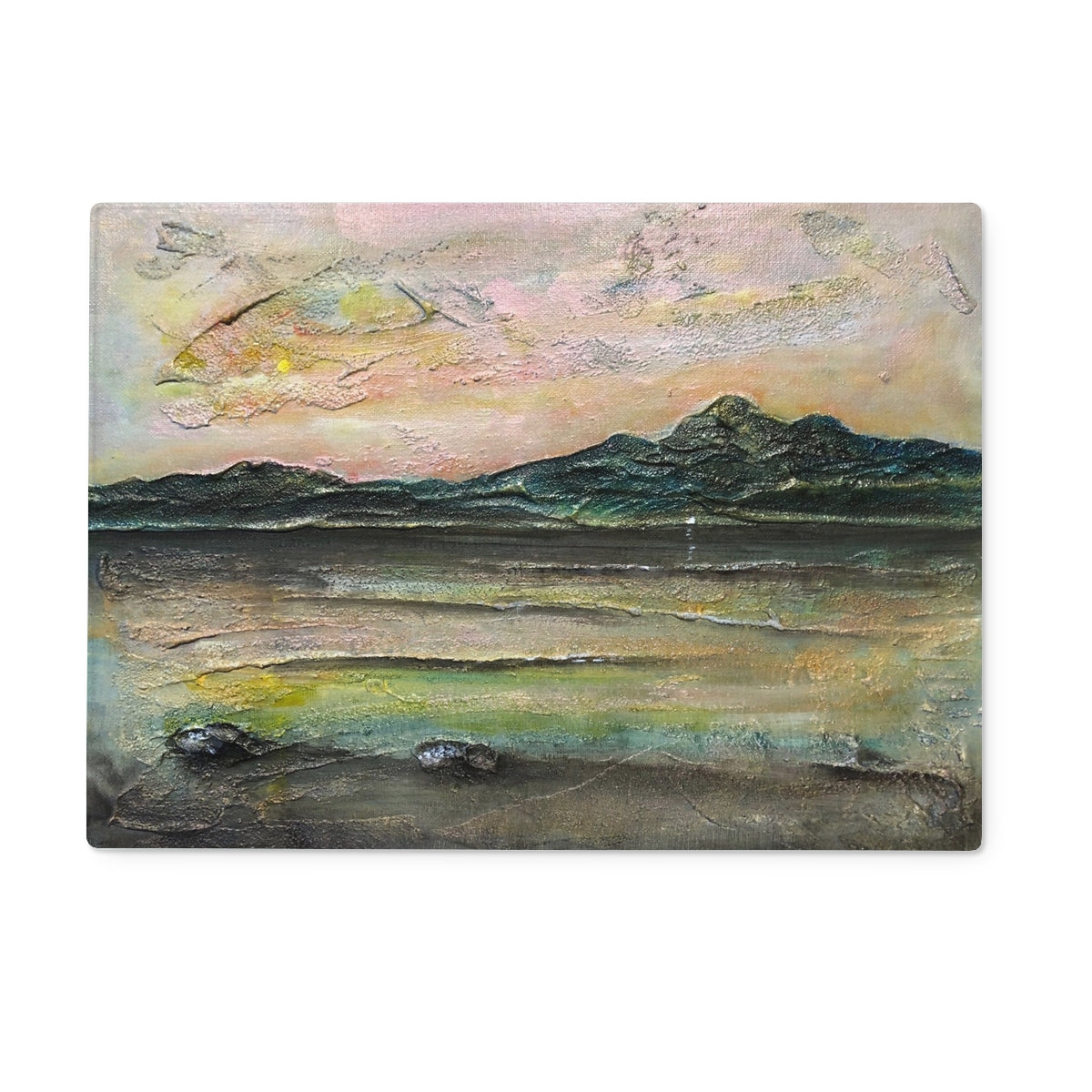 Textured painting of ethereal Loch Na Dal Skye coastal landscape on glass chopping board