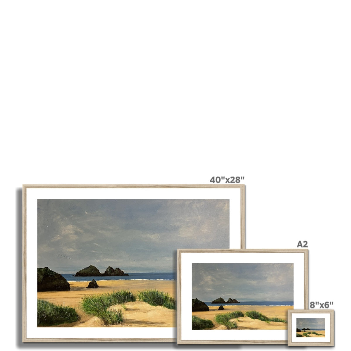 40x28 inch Holywell Beach Cornwall framed print in white frame with wood accents