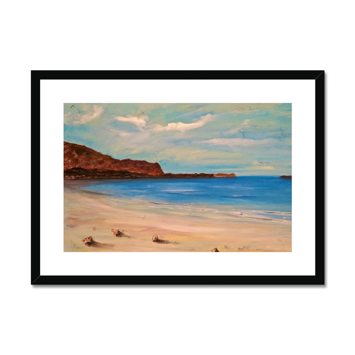 Bosta Beach Lewis framed print: sandy shore, blue ocean, black frame