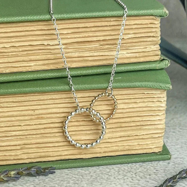 Silver Interlinked Beaded Halo Necklace with interlocking circles