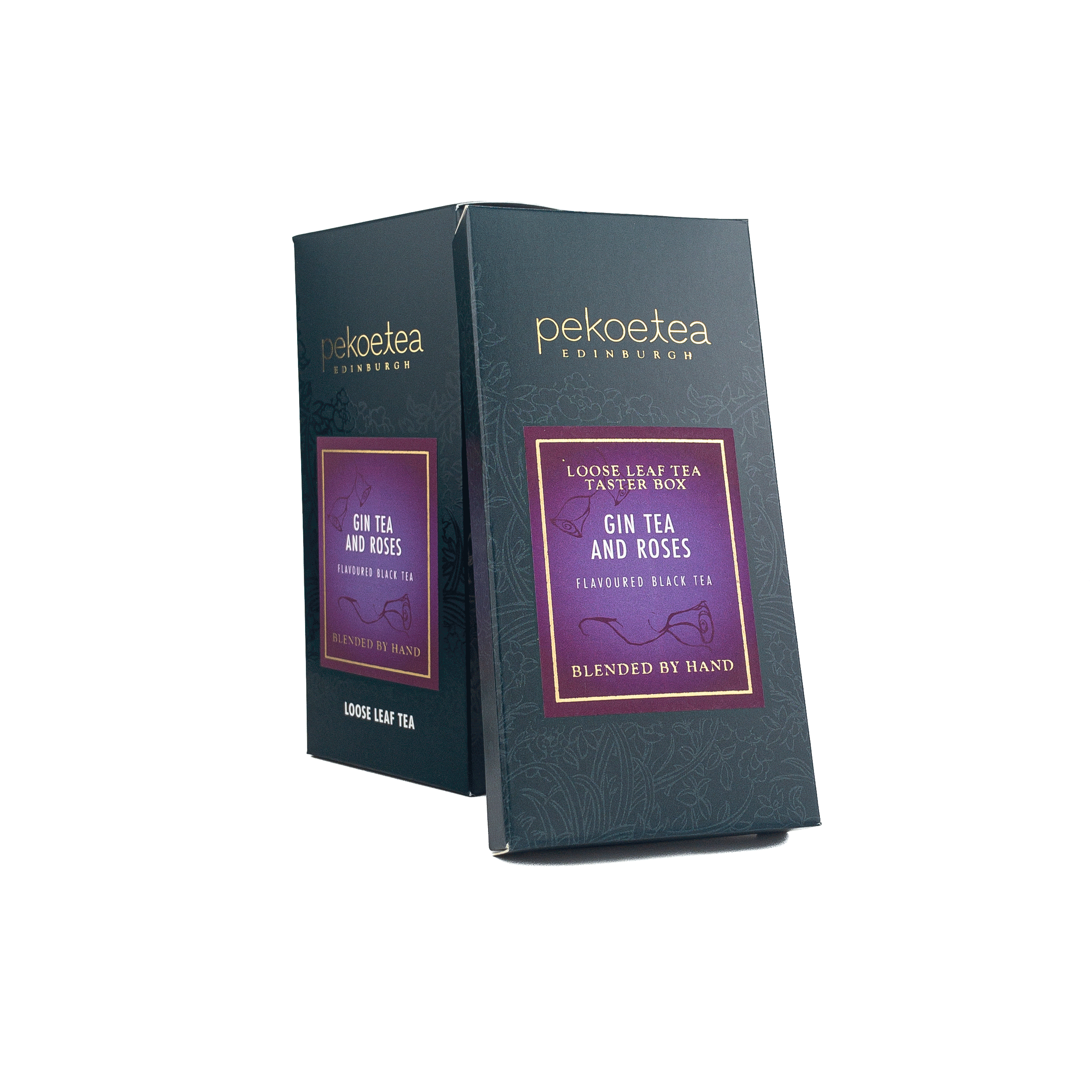 Dark green box of Pekoe Tea Edinburghs Gin Tea and Roses black tea