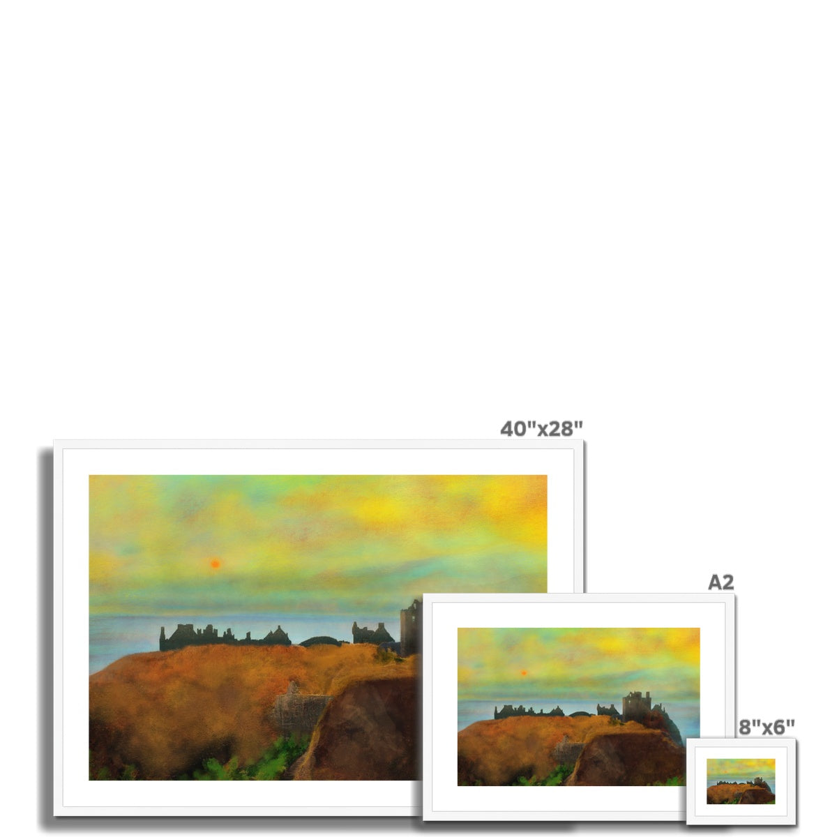 Dunnottar Castle Dusk 40x28 framed landscape print in white frame