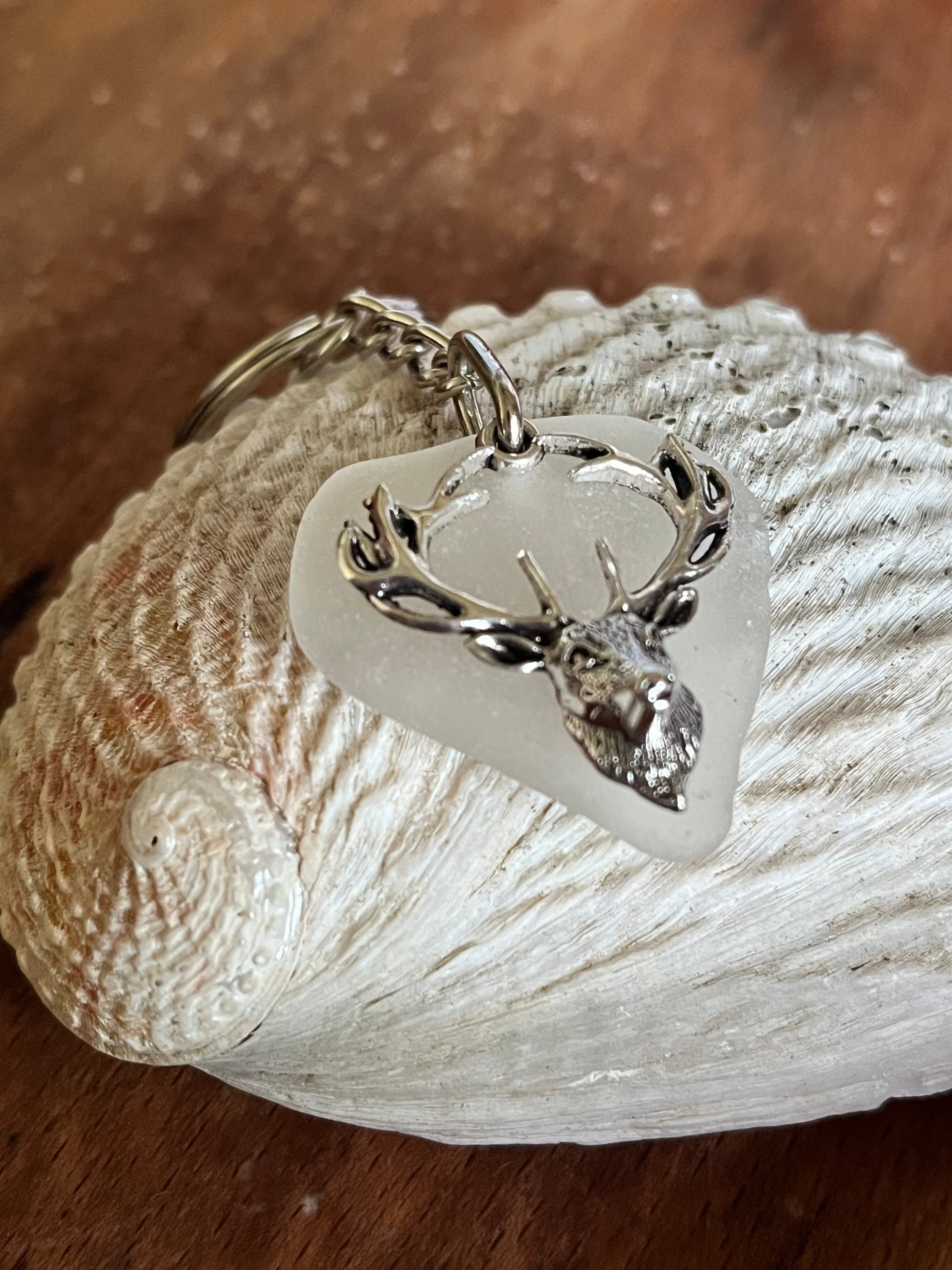 Silver deer head charm on frosted sea glass heart keychain, Stag Seaglass Keyrings