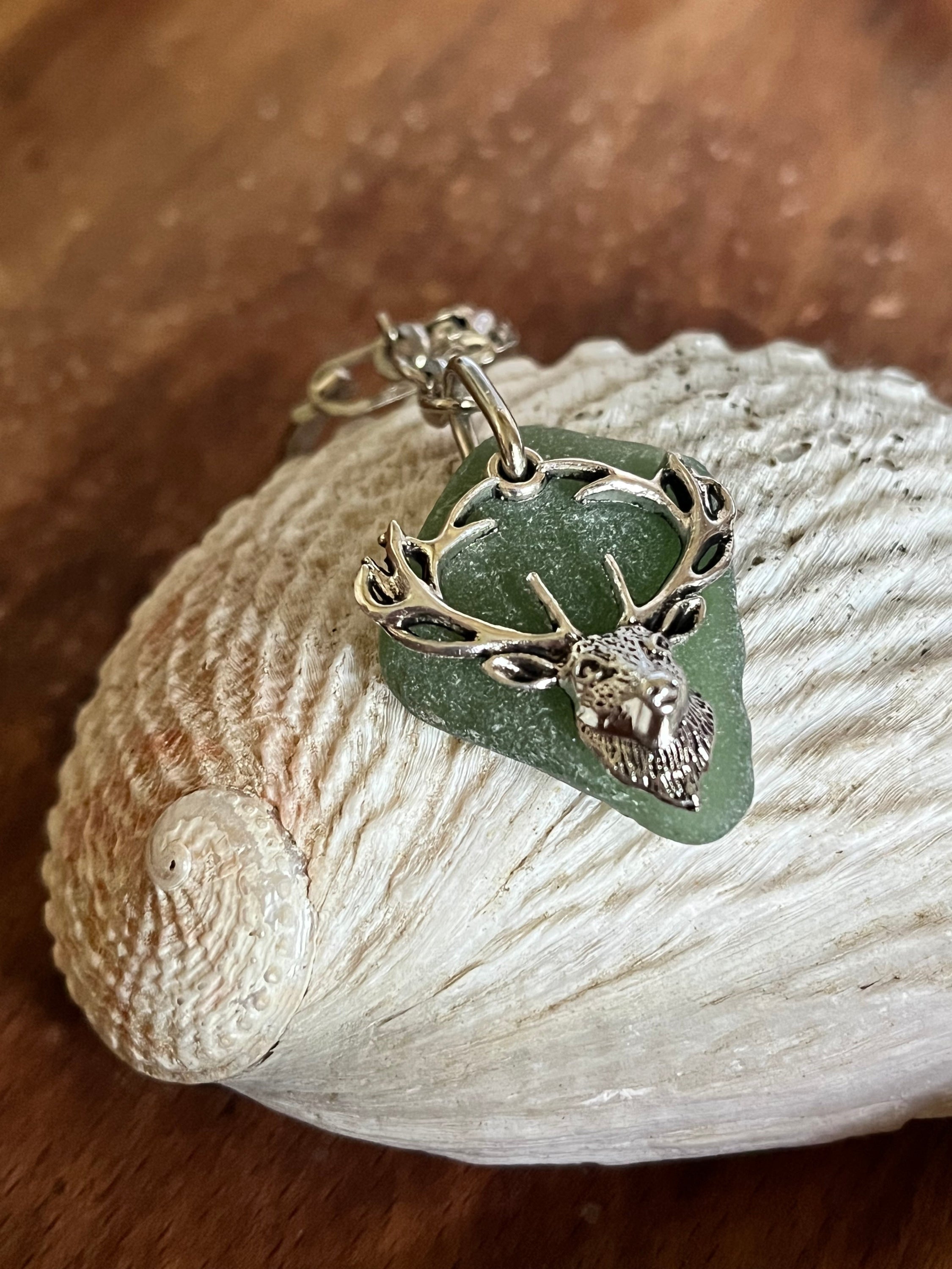 Silver deer head pendant with antlers on green sea glass Stag Seaglass Keyring