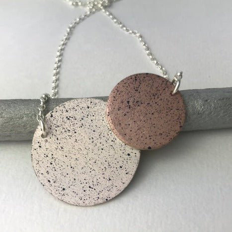 La Laguna Double Dot Necklace with speckled off-white and rose pink terracotta pendants on silver chain