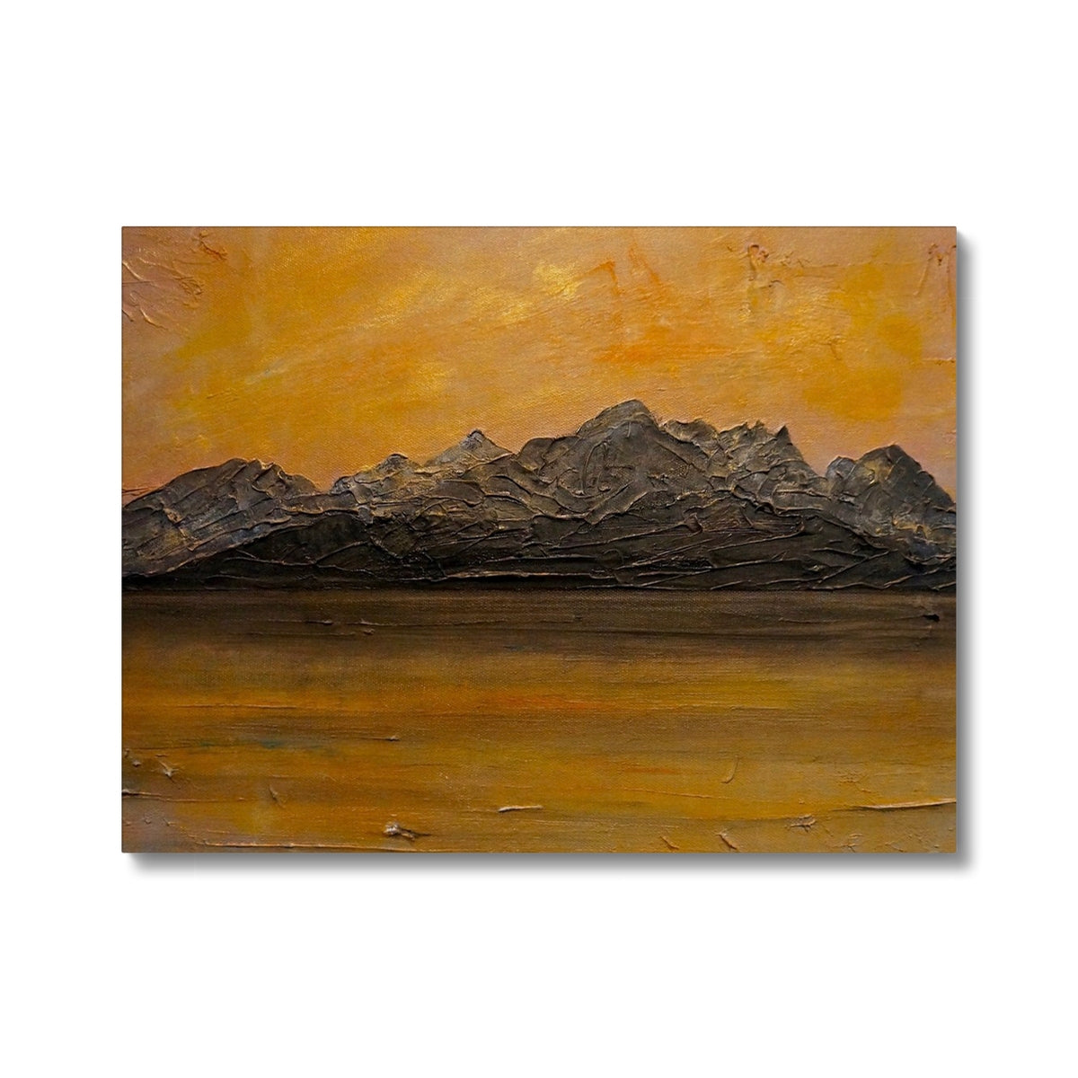 Cuillin Sunset: impasto canvas of mountain range under orange sky