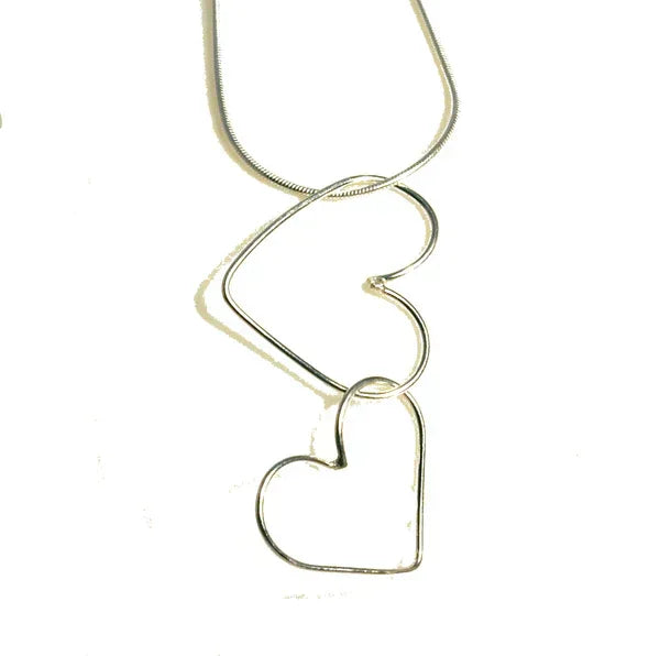 Silver wire Double Heart Hoop Necklace with three interlocking hearts