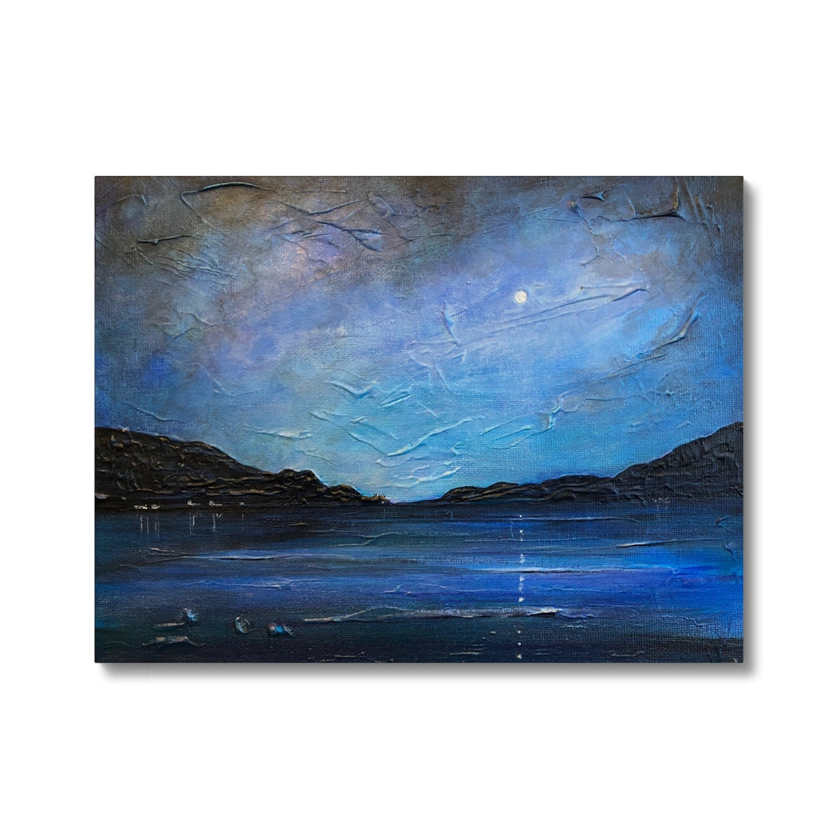 Serene Loch Ness moonlight canvas print with silhouetted hills and glowing moon