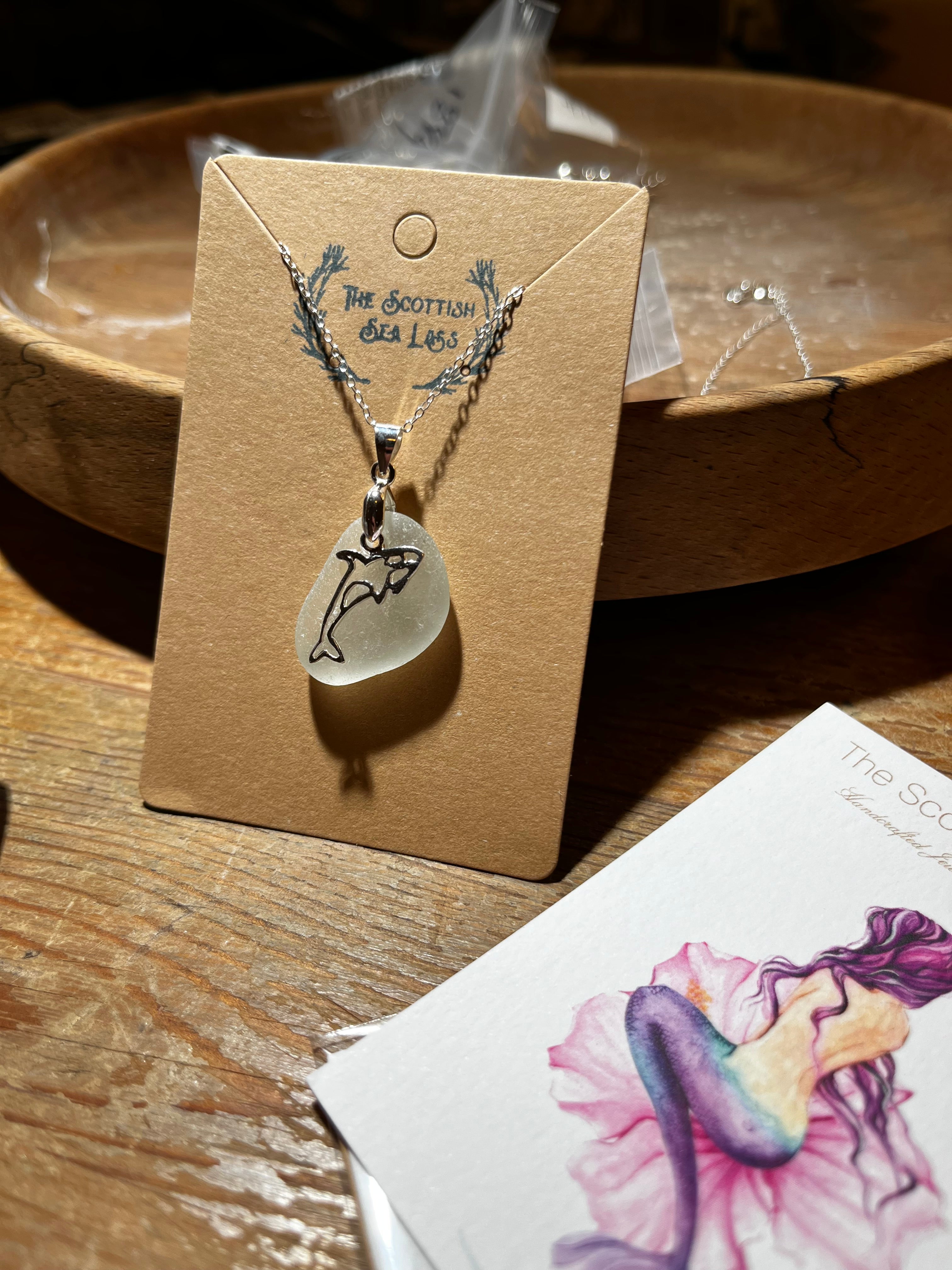 Orca Scottish Seaglass 925 dolphin pendant on silver chain