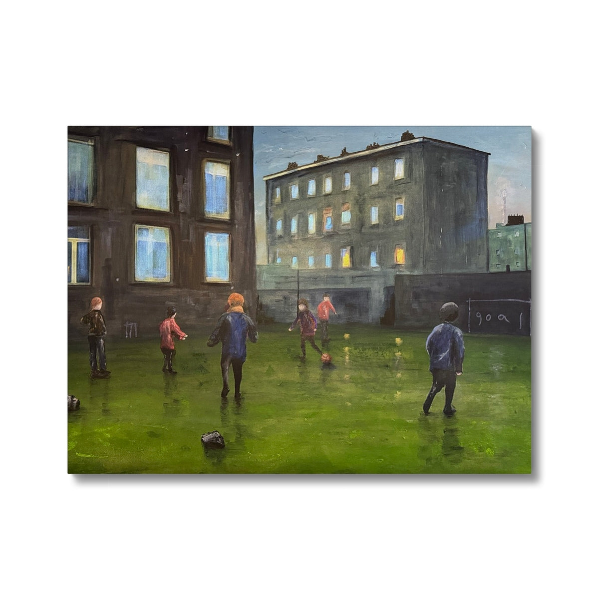 Vibrant green grass soccer field with colorful uniformed players, Time Canvas Prints