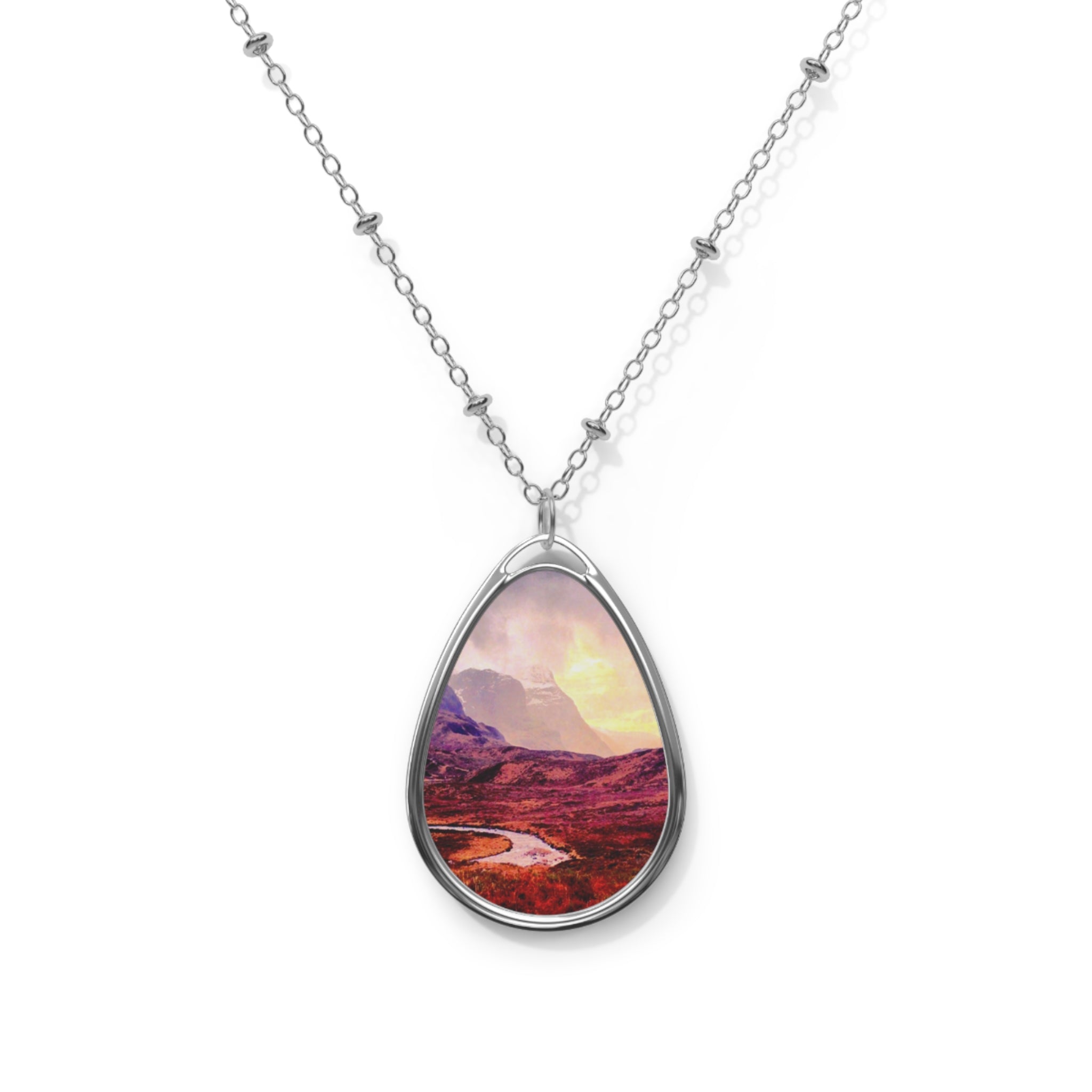 Silver teardrop necklace with colorful Glencoe landscape pendant