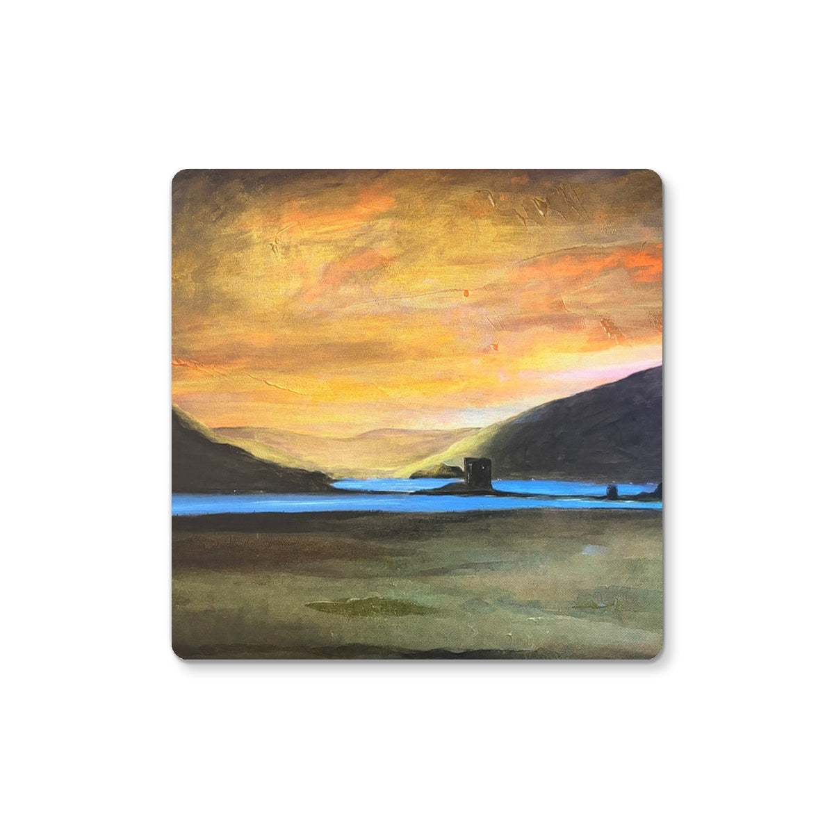 Castle Stalker Glow Coaster with glowing orange sky over blue water and stone tower