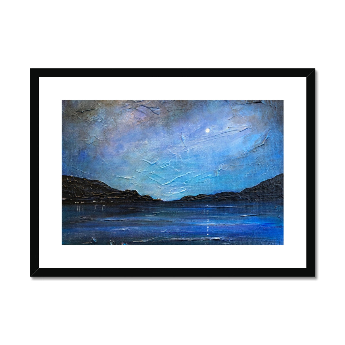 Loch Ness Moonlight Art Print: Abstract Blue Sky, Crescent Moon, Silhouetted Hills, Reflective Water