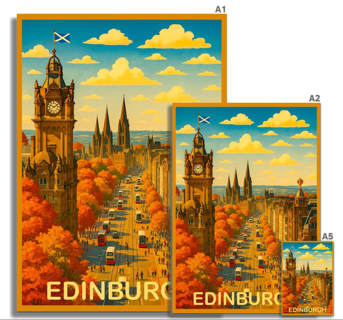 Vintage-style illustrated poster of edinburgh featuring a clock tower and autumnal trees in orange foliage under blue sky