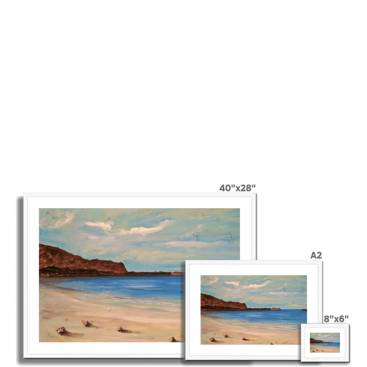Bosta Beach Lewis framed print of sandy shore, rocky cliffs, calm blue sky