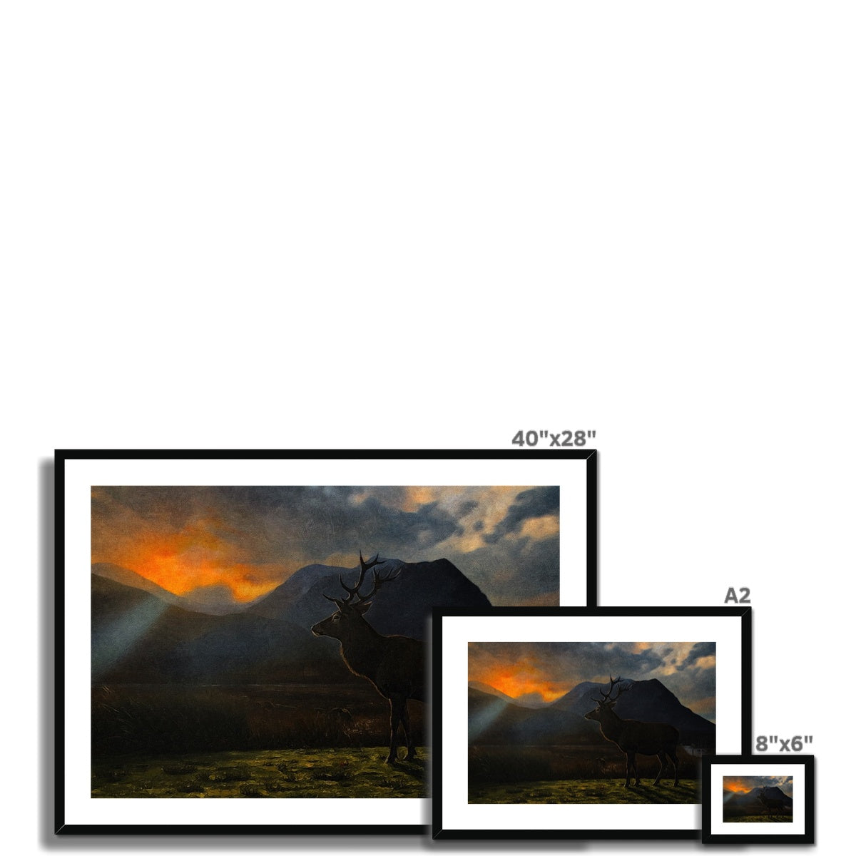 A Glencoe Sunset Stag framed print in 40x28 black frame