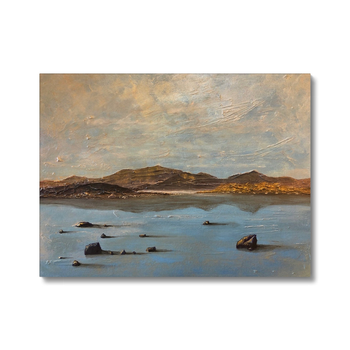 Loch Druidibeg canvas: brown beige landscape with rocks in water, oil texture