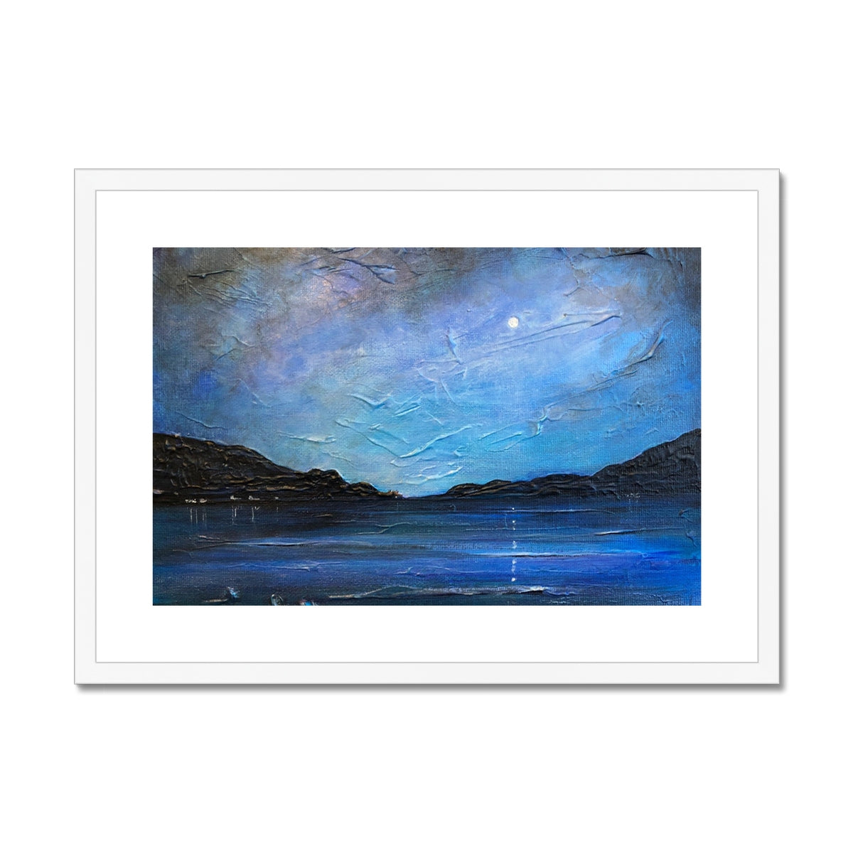 Loch Ness Moonlight Art Print: Framed abstract landscape with textured blue sky, crescent moon, dark hills, and reflective water