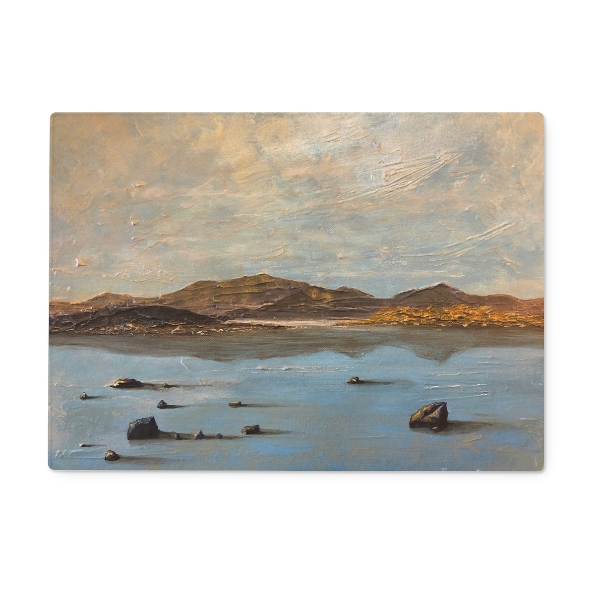 Loch Druidibeg glass chopping board with abstract landscape art