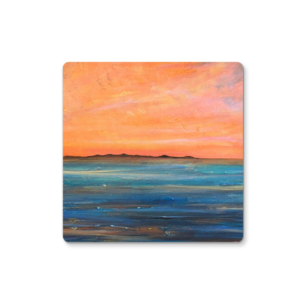 Orange sunset coaster with blue ocean design, Isle of Gigha ceramic