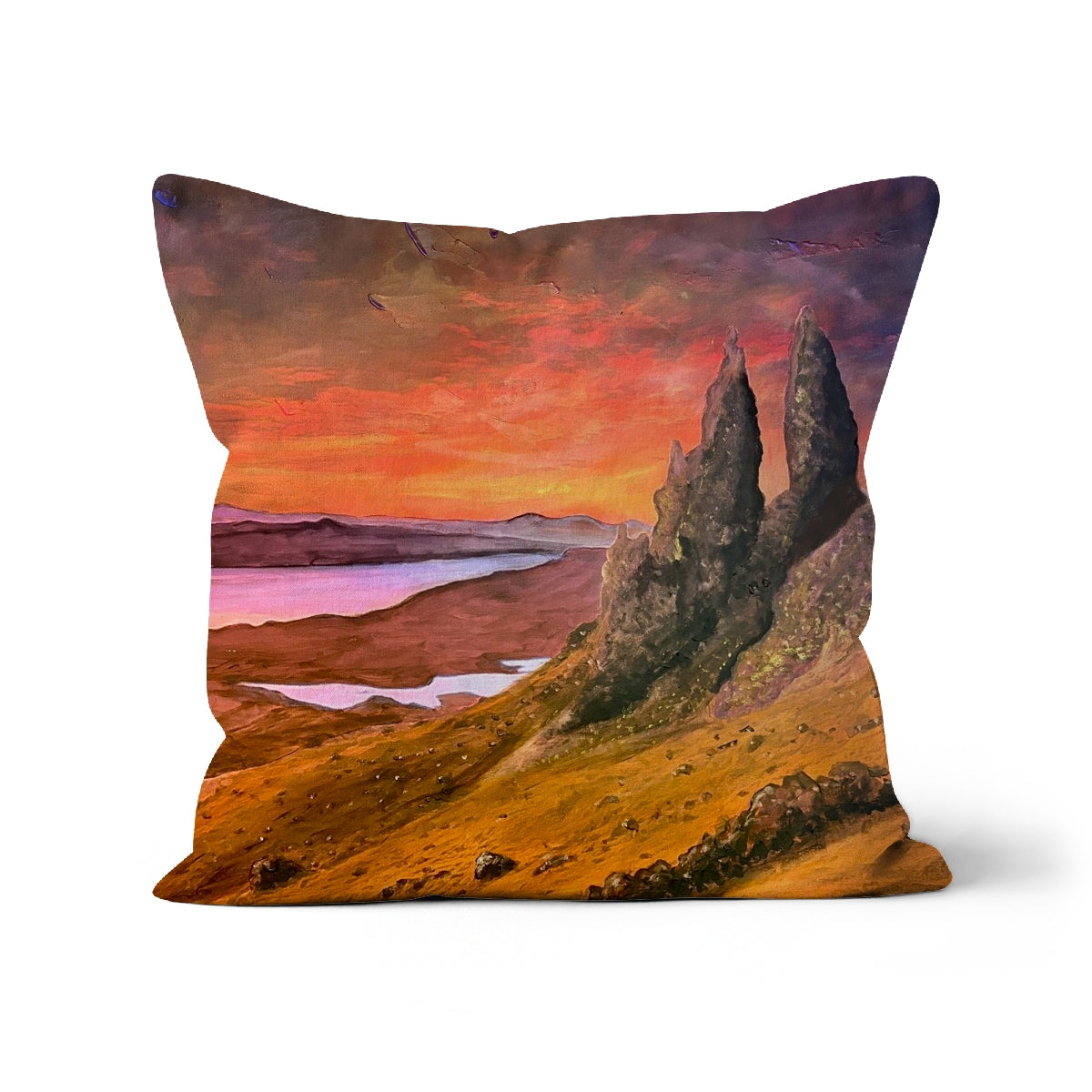 Storr Sunset Skye cushion with vibrant sunset rock formations