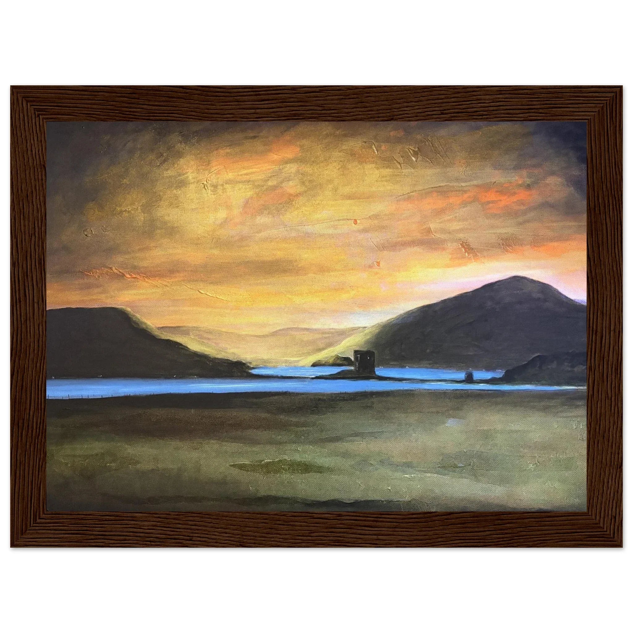 Castle Stalker Glow oil painting of serene Scottish lake sunset