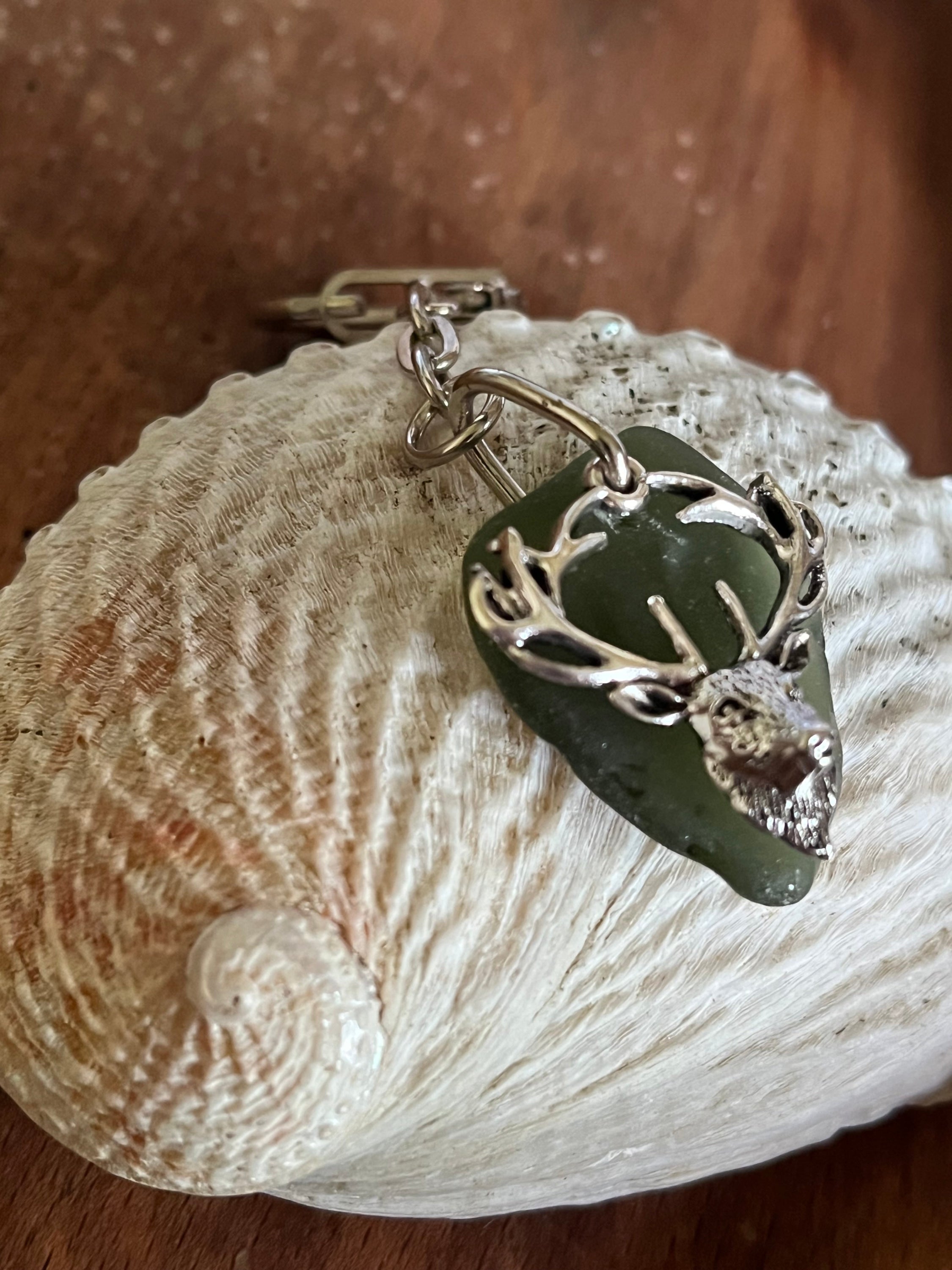 Green sea glass keychain with silver stag charm, Stag Seaglass Keyrings