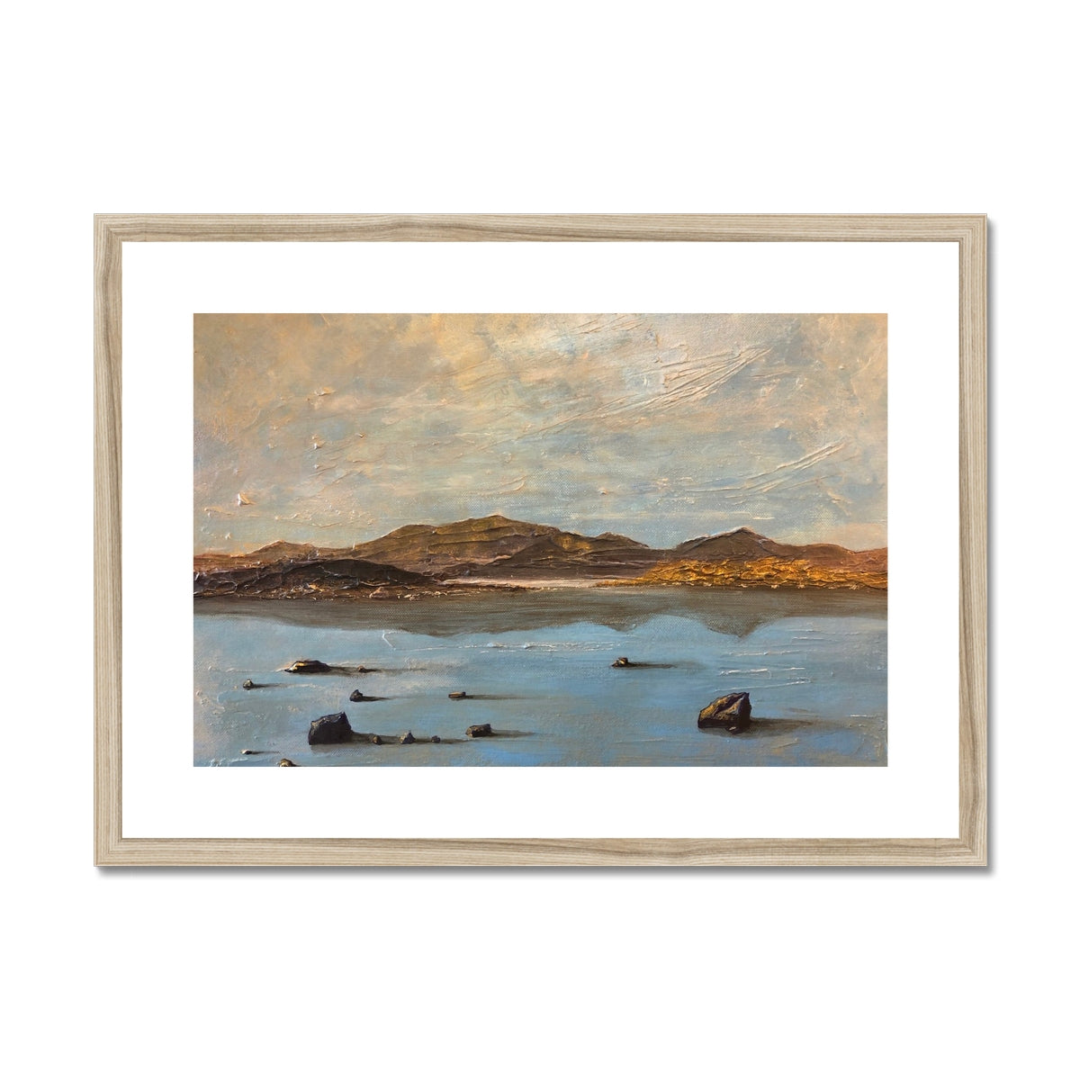 Loch Druidibeg framed print: wooden landscape with muted earth tones and soft clouds