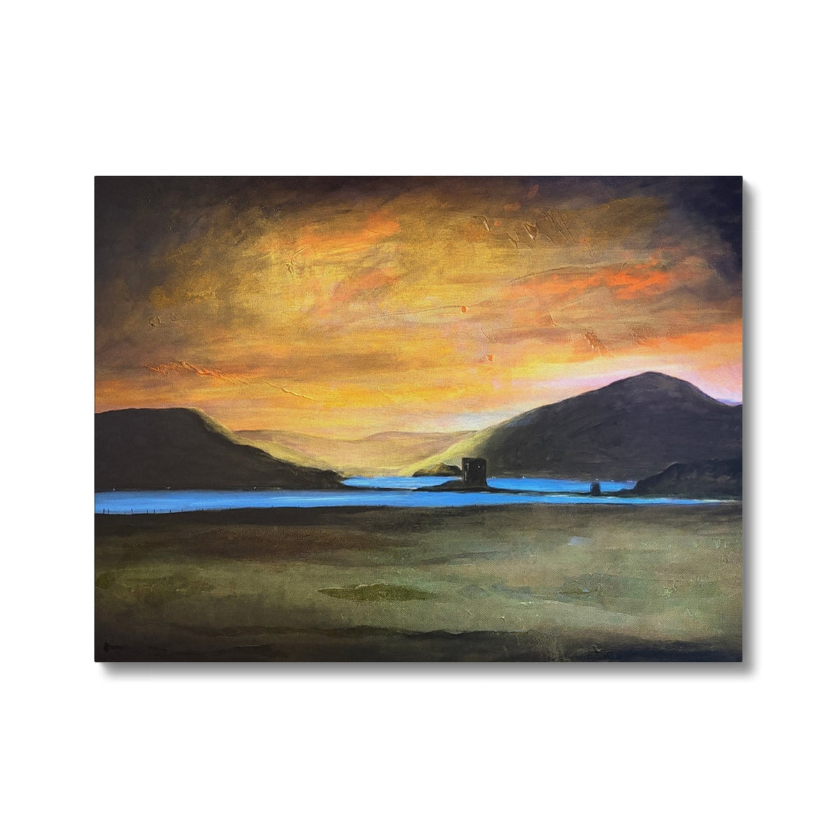 Castle Stalker Glow canvas print: serene sunset over lake and hills