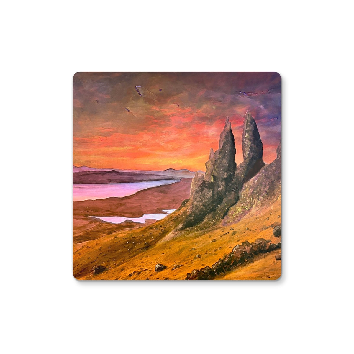 Square coaster with vibrant Storr sunset landscape on Skye