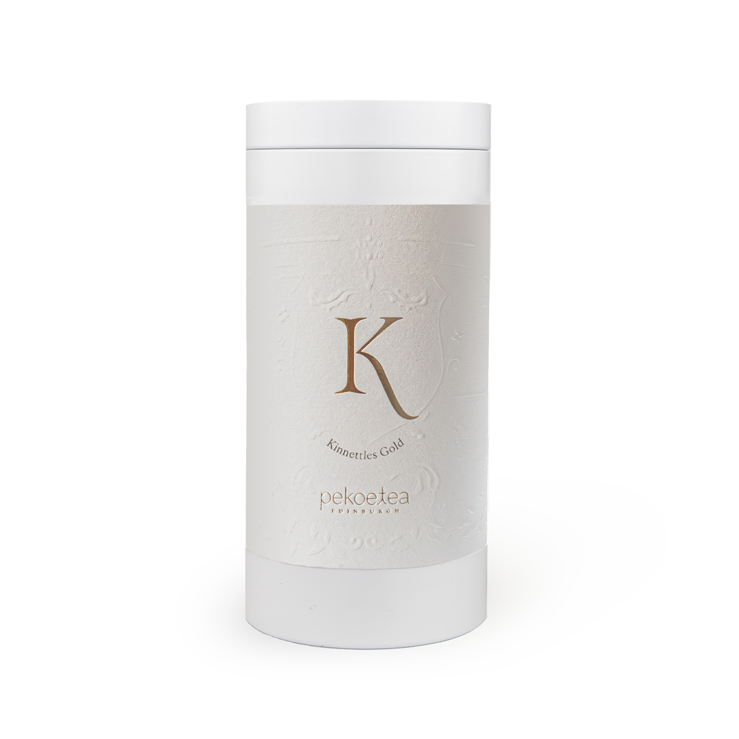Kinnettles Gold Scottish Grown Tea by Peko Tea sleek white matte cylinder