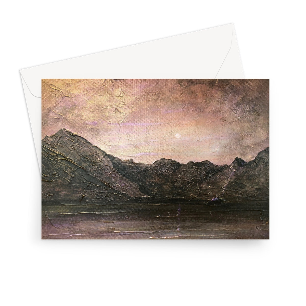 Dubh Ridge Moonlight Greeting Card with textured mountain peaks under pink gold sky