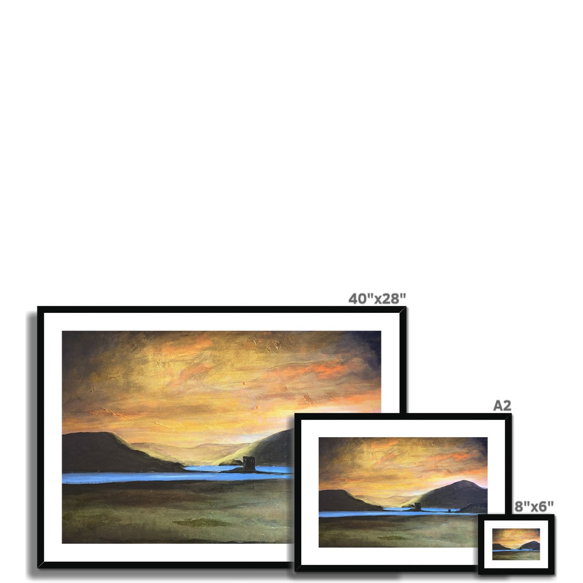 Castle Stalker Glow black-framed art print of serene sunset over water and hills