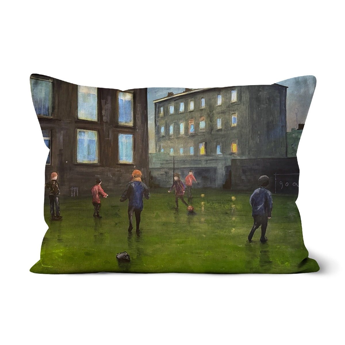 Green grassy soccer field pillow cover with kids playing football design