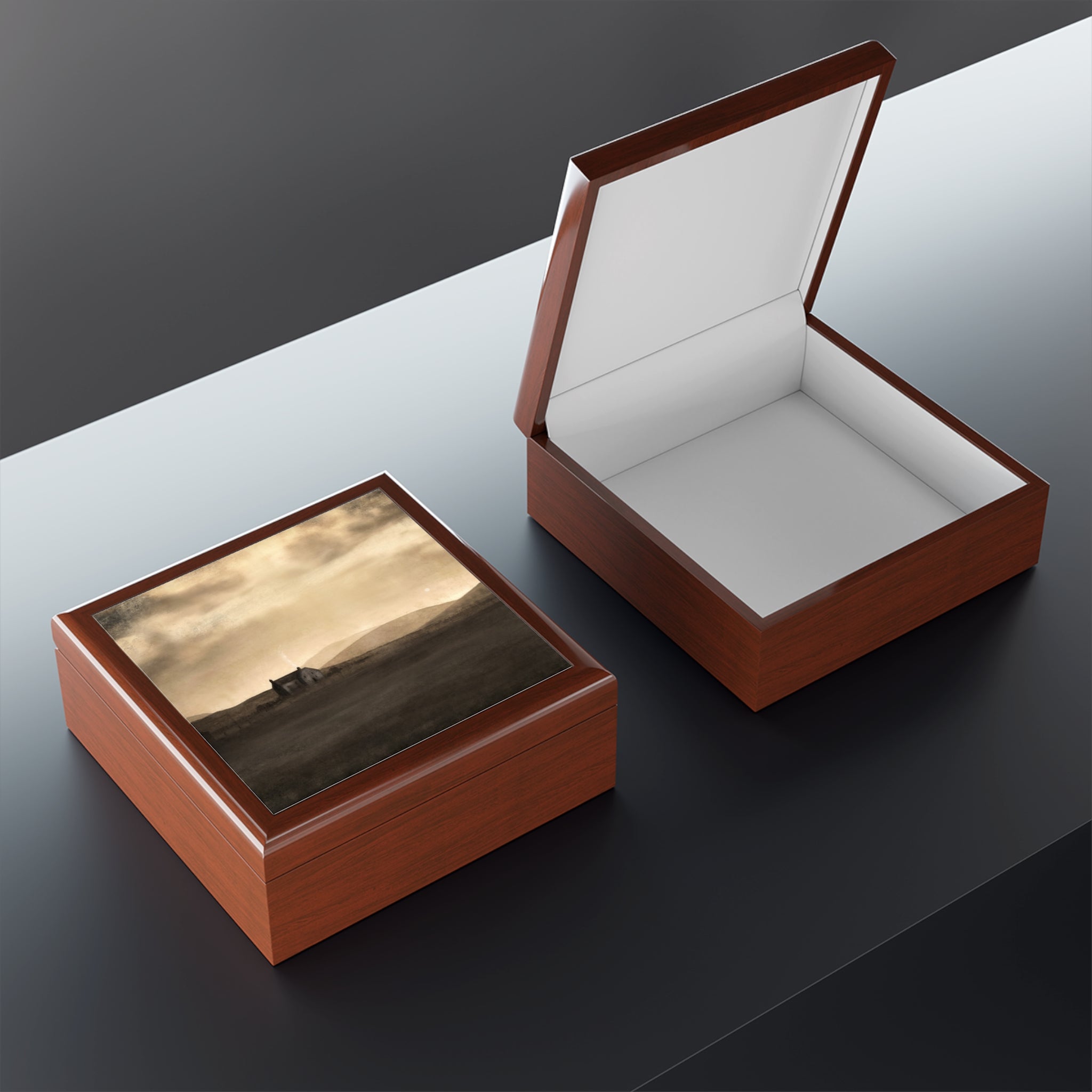 Open brown leather Moonlit Croft jewelry box from Scotland with landscape lid painting