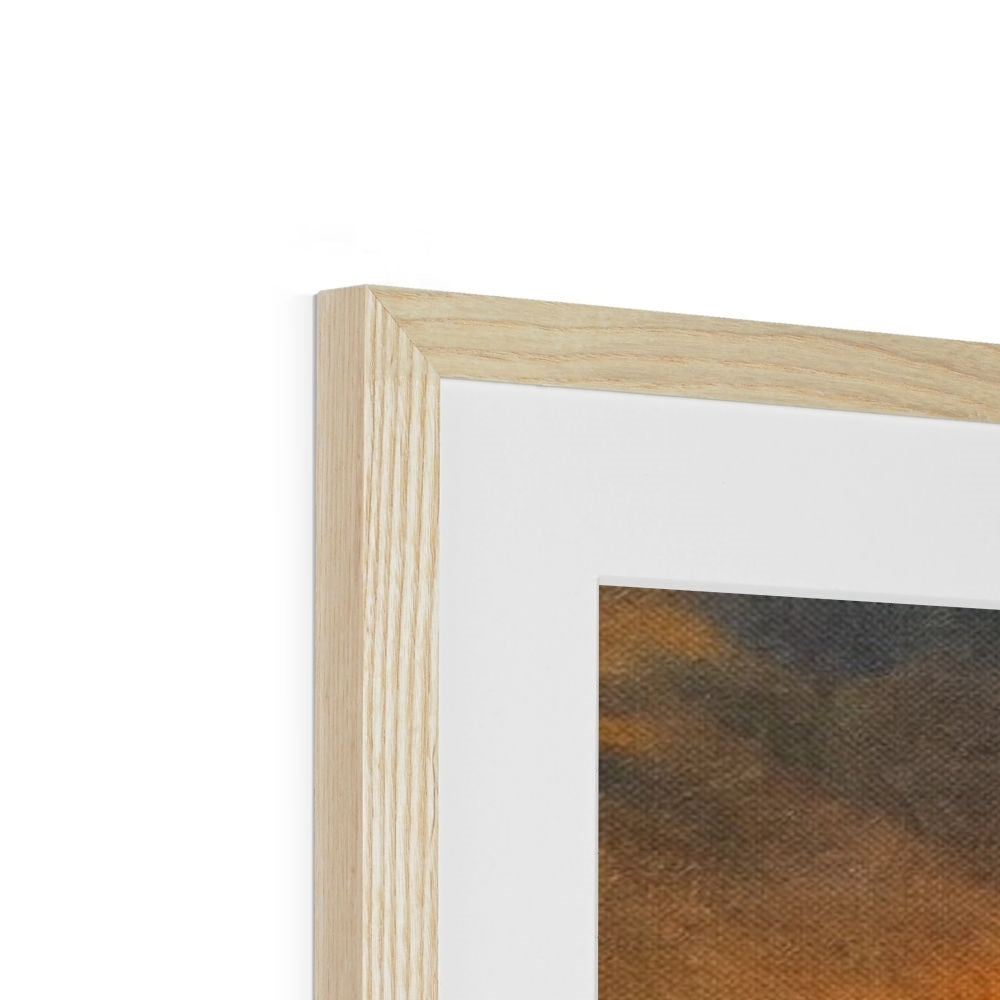 Framed light wood print of A Glencoe Sunset Stag with white mat