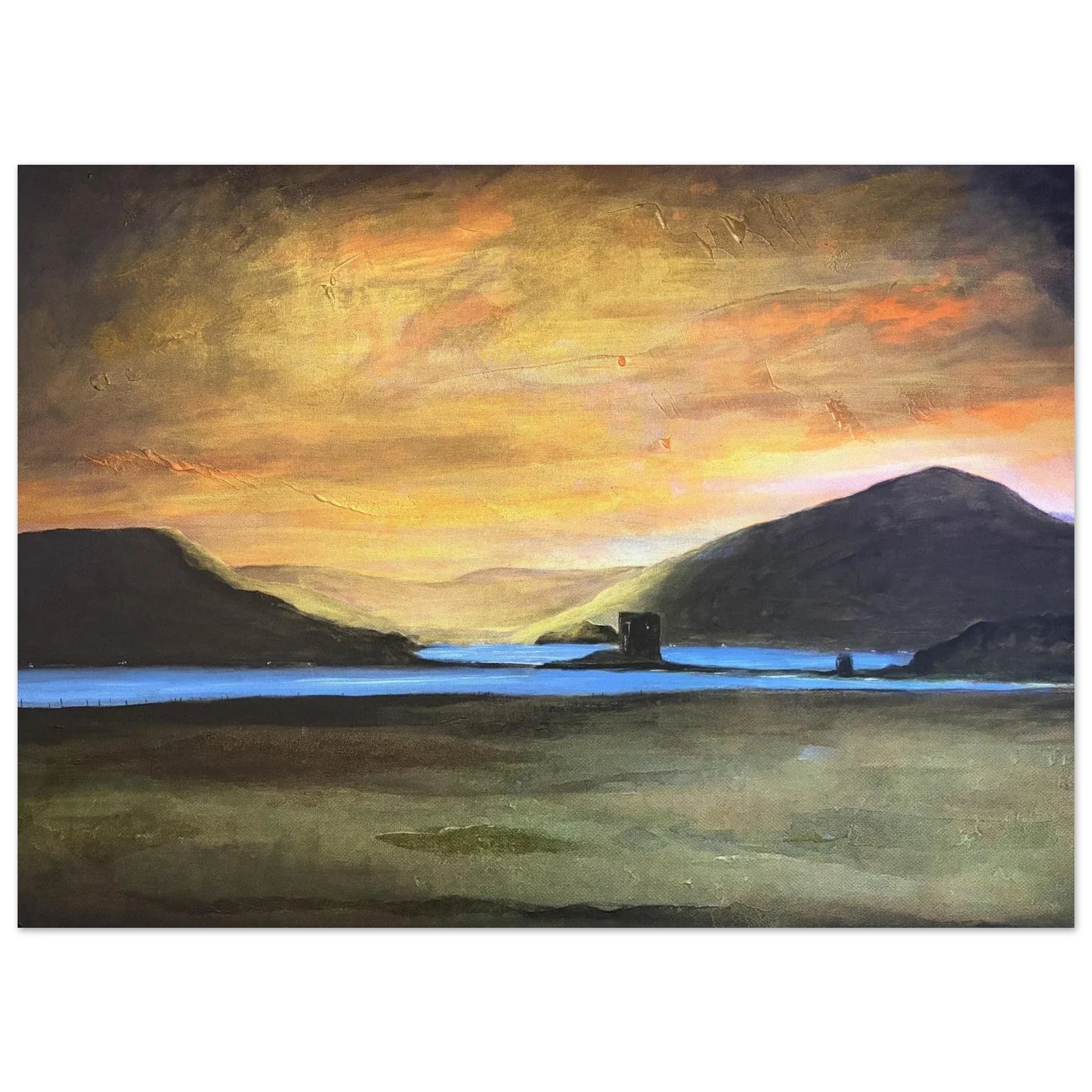 Castle Stalker Glow serene lake sunset painting Scotland pocket print