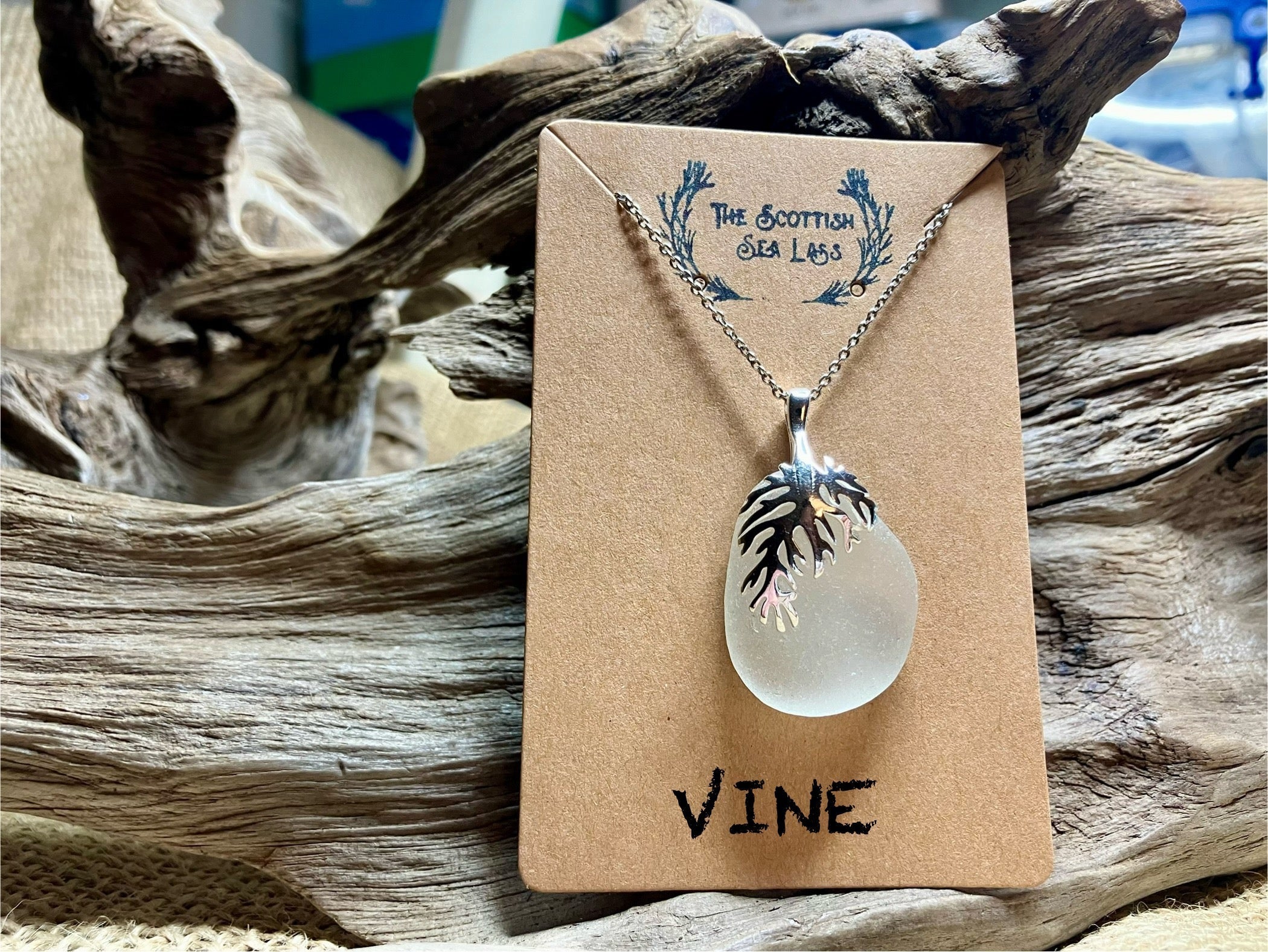 Handcrafted 925 Frosty Scottish Sea-Glass Pendant with silver-toned vine accent