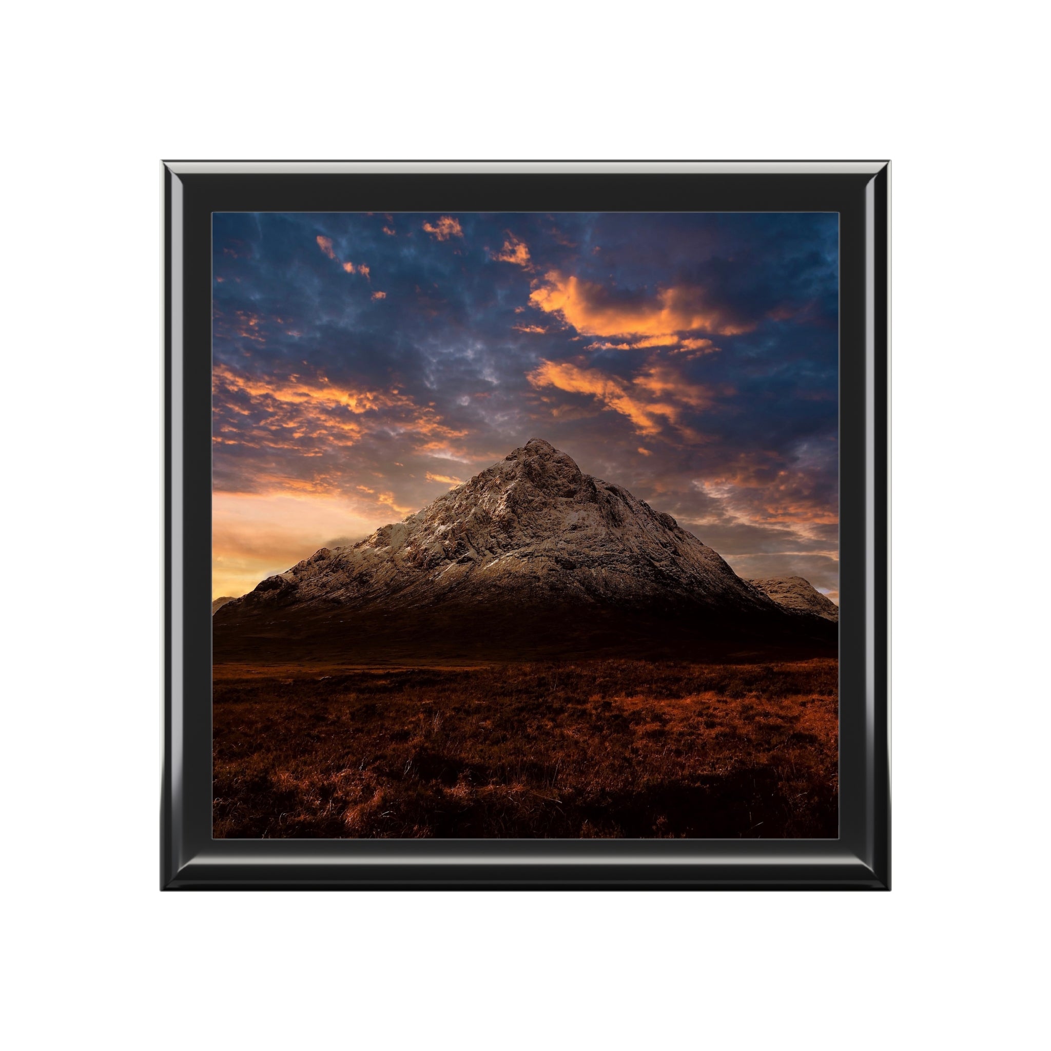 Black-framed Buachaille Etive Mor dusk print in jewelry box