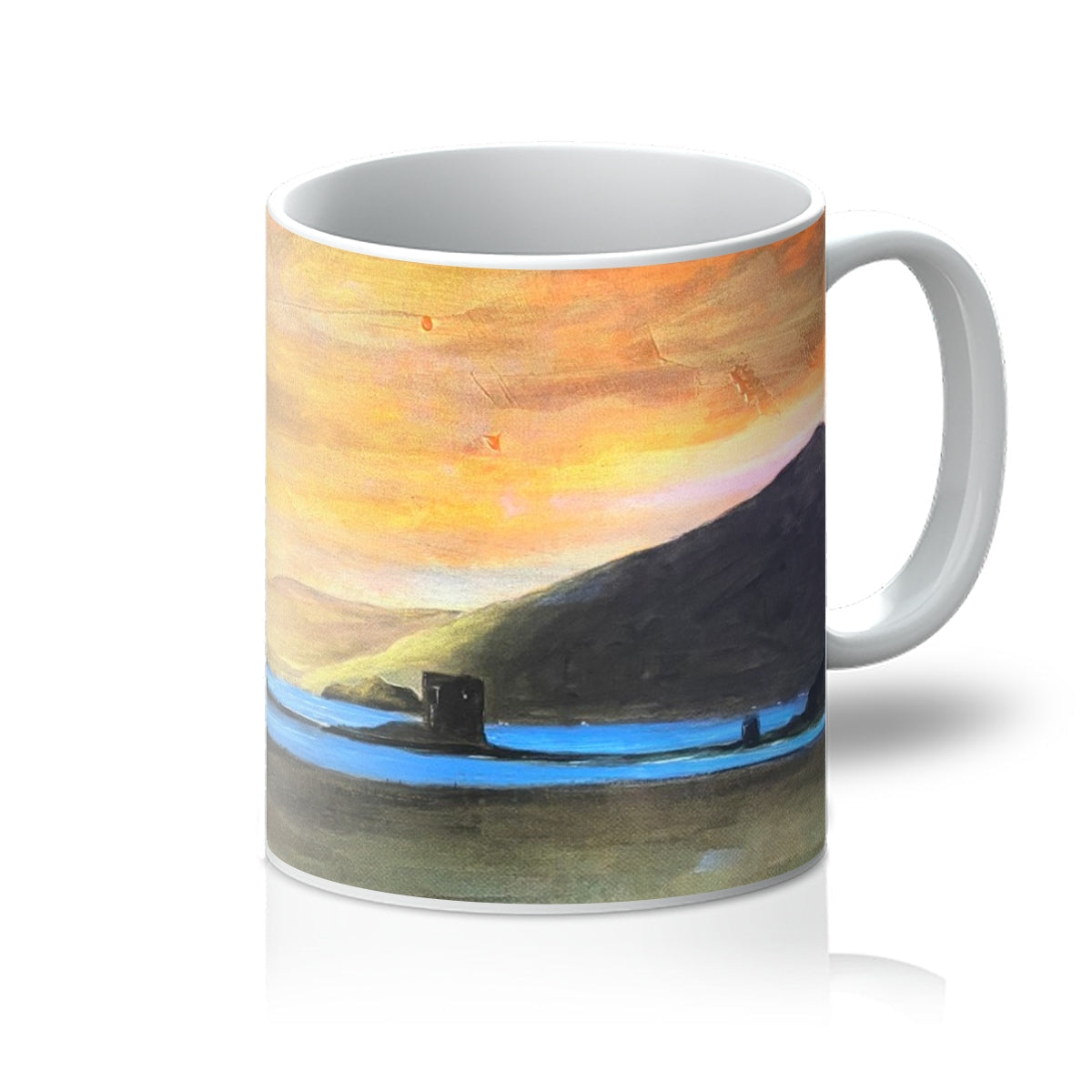 Castle Stalker Glow Mug with painted sunset over hills and water