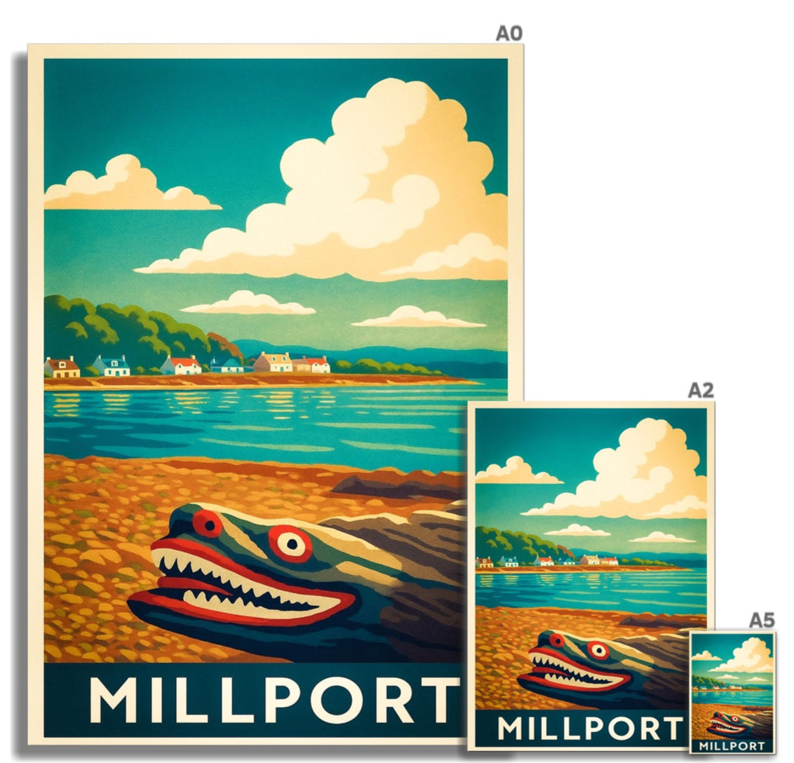 Vintage-style travel poster art print featuring a colorful eel with red eyes and sharp teeth on pebbled shore